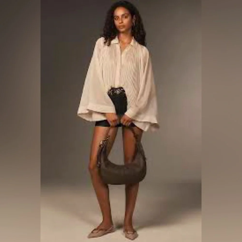 Maeve by Anthropologie l Sheer Pleated Cape Sleeve Blouse in Blue Green - Picture 5 of 12